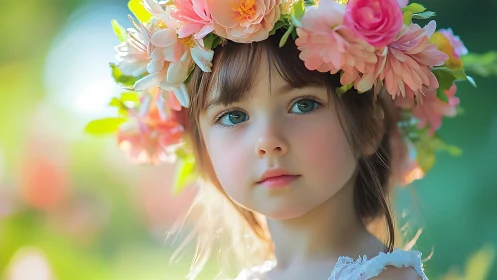 Young girl with floral crown in sunlit garden scene