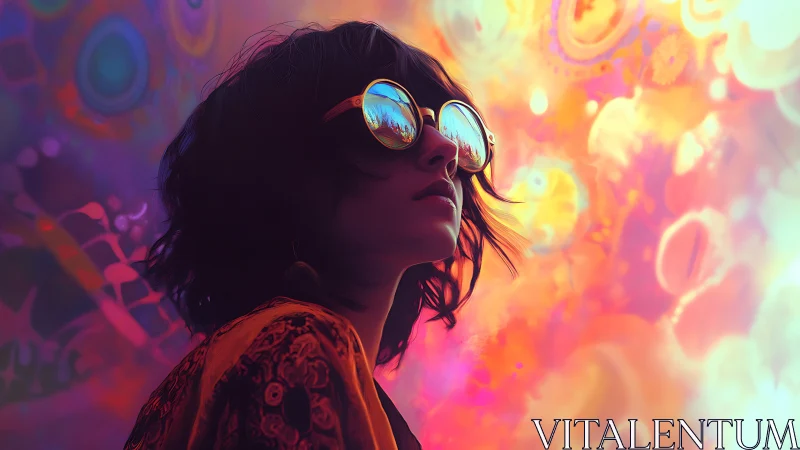 Dreamy girl in neon sunglasses gazes into swirling color haze