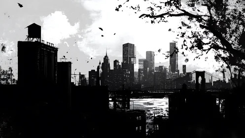High-contrast monochrome skyline with layered urban silhouettes and bridge
