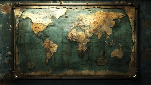 Steampunk-styled world map framed in aged brass pipes.