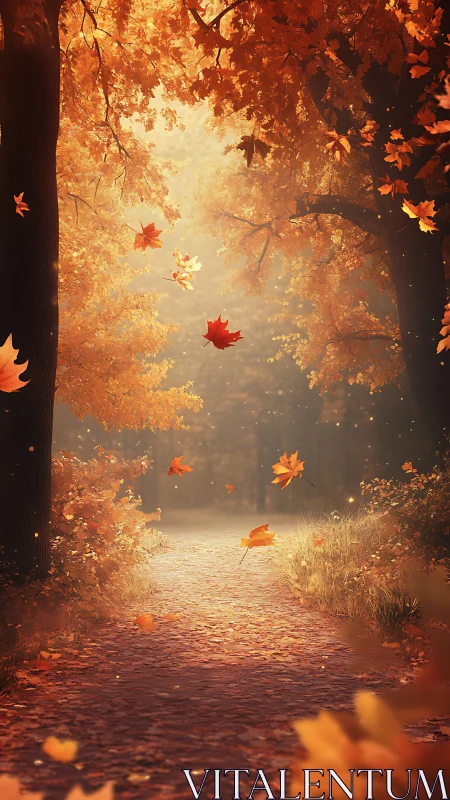 Golden autumn forest path glows softly in drifting leaf light