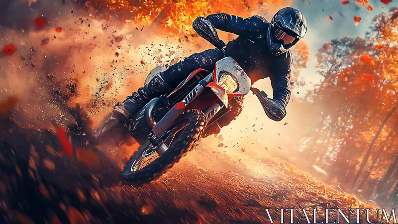 Dynamic dirt bike rider in autumn forest, digital painting.