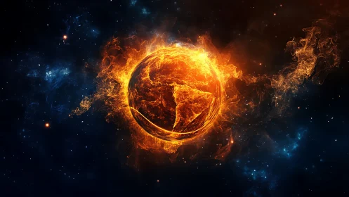 Fiery cosmic planet blazing against deep starfield backdrop.