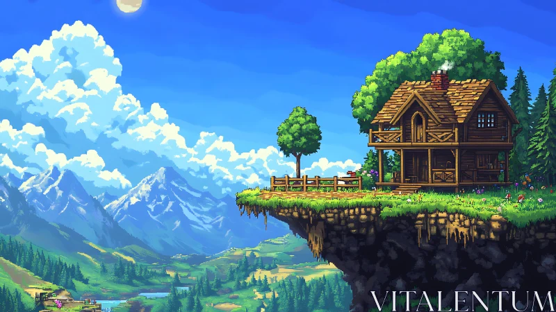 Floating Manor House Overlooking Alpine Valley. Pixel art landscape.