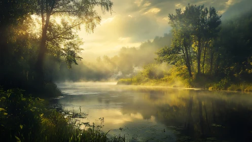 Sunlit forest river shimmers under soft golden morning mist.