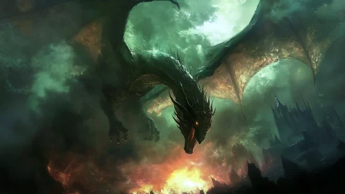 Midnight dragon gliding above a storm of emerald fire.