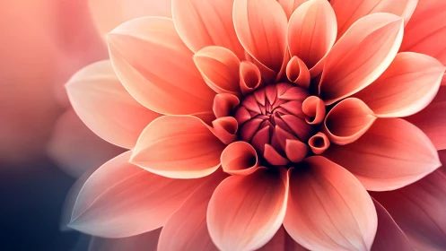 Coral Dahlia Bloom with Layered Petals in Soft Focus.