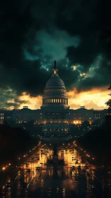 Storm-lit neoclassical capitol dome above rain-soaked urban avenue