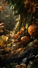 Gourmet forest cascade with mushrooms, broccoli and splashes.