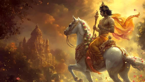 Divine warrior on white stallion before illuminated temple city