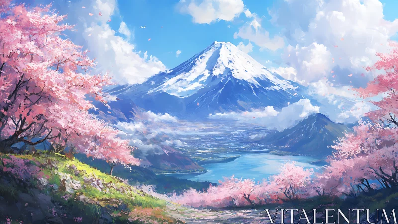 Snow-capped mountain above lake framed by cherry trees.