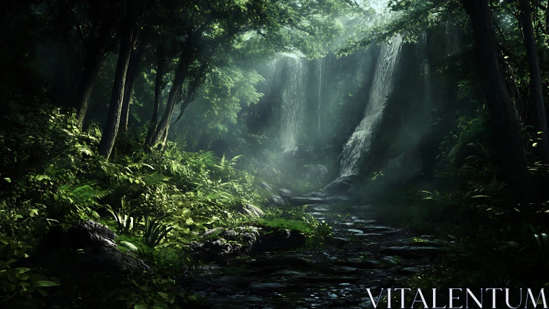 Cascading Waterfalls Through Dense Deciduous Forest Canopy With Dynamic Light Refraction