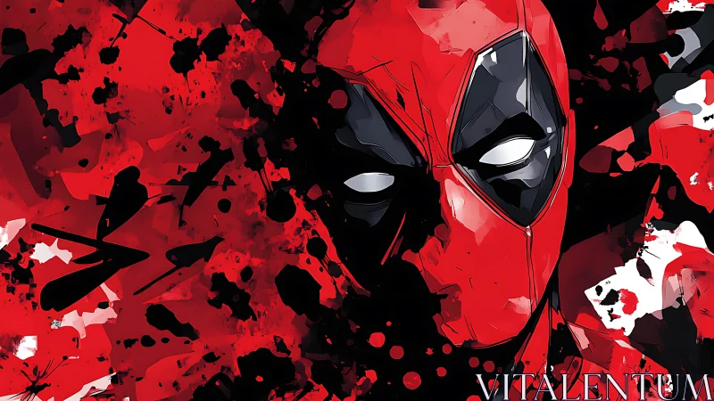 Red-masked antihero erupts from chaotic inkstorm of crimson.