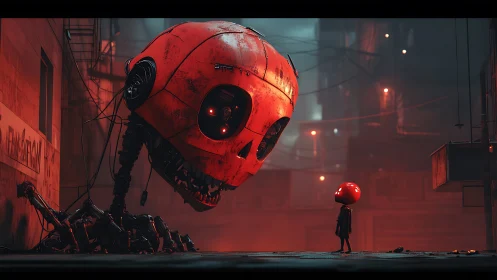 Giant red robot skull facing small figure in alleyway.