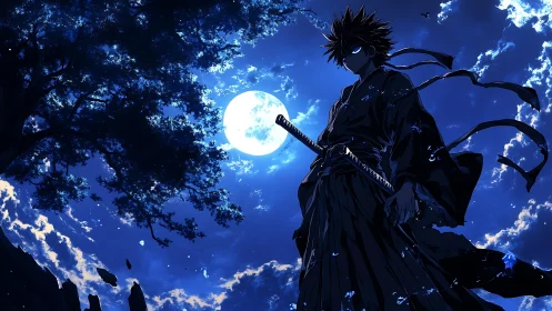 Swordsman silhouette under full moon in night sky landscape.