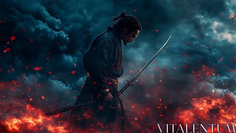 Samurai silhouette with katana amid fire and smoke clouds.