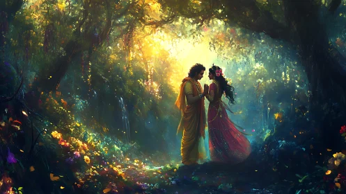 Sunlit forest lovers in a dreamy, blooming twilight glade.