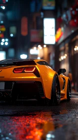 Orange supercar on wet neon city street at night.