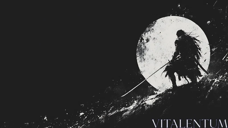 Lone warrior holds a poised blade against the vast moonlit night