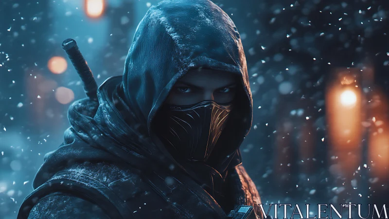 Masked winter assassin stalks neon lit snowbound alleyway.