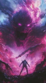 Solitary figure confronts large spectral entity in neon storm