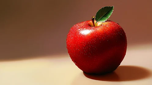 Red apple with water droplets on soft neutral background.