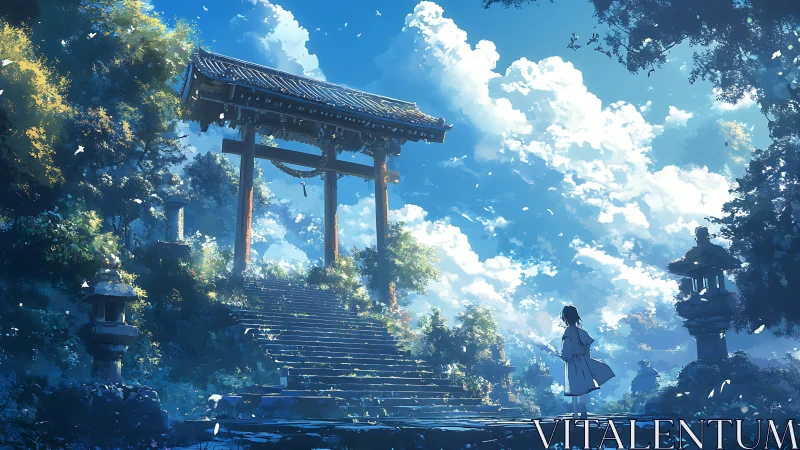 Sunlit shrine gate above stone steps in tranquil forest dream.