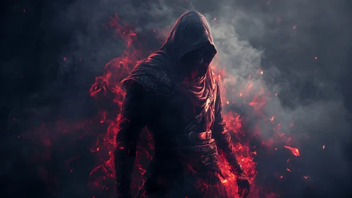 Hooded fire-wreathed assassin emerges from swirling shadow