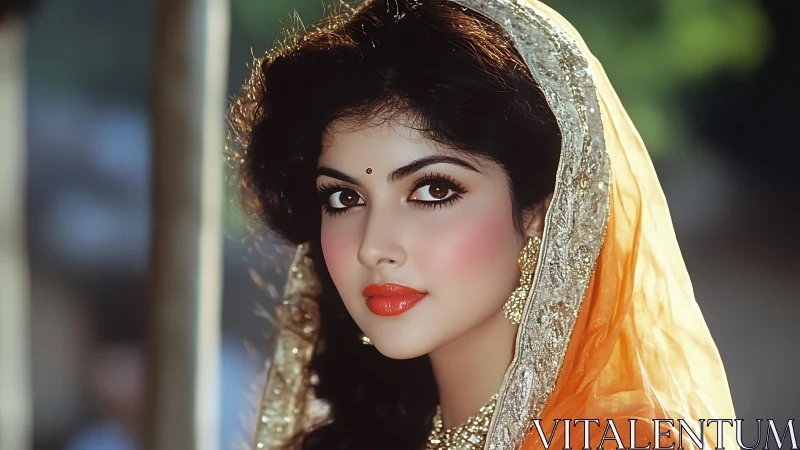 Portrait captures elegant woman in ornate orange dupatta