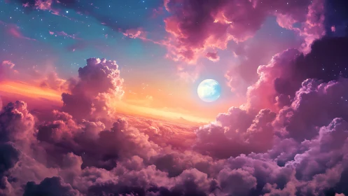 Luminous moonrise over iridescent nebula clouds at dusk.