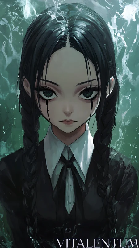 Moody braided girl portrait in emerald aquatic atmosphere.