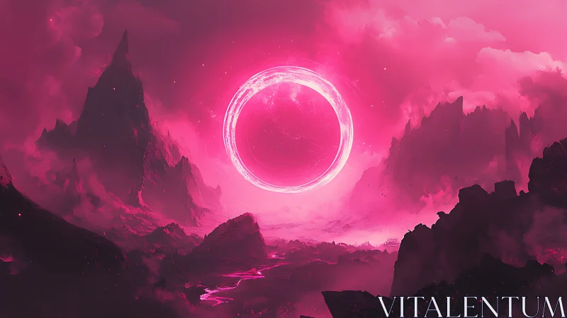 Radiant plasma ring levitates above jagged alien mountain basin