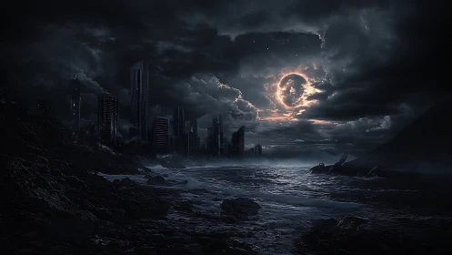 Post-apocalyptic coastal megacity under eclipsed lunar corona