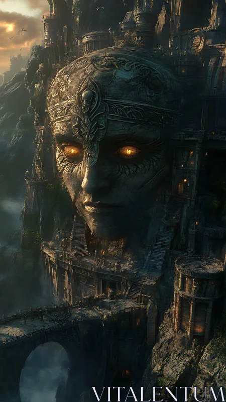 Ancient cliffside guardian with glowing eyes at dusk.