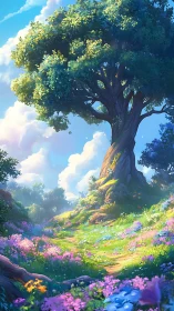 Sunlit meadow path beneath large flowering tree.