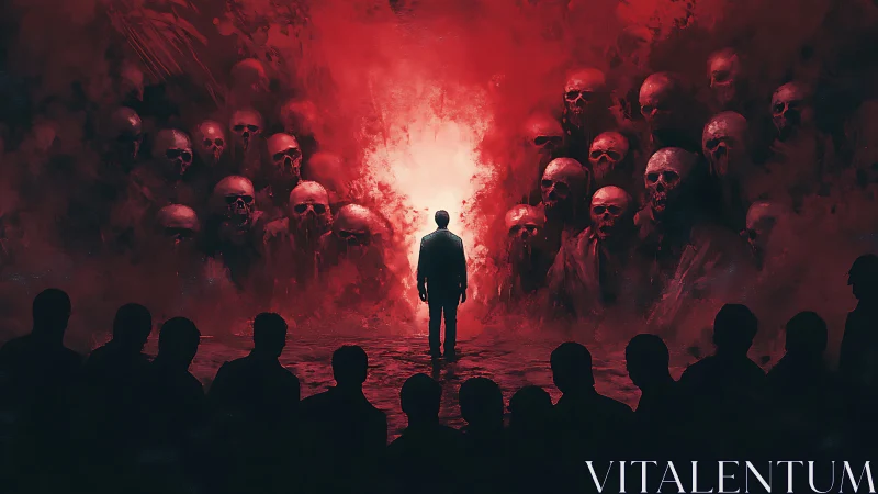 Digital painting of lone figure before spectral skull crowd.