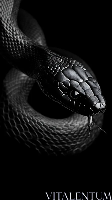 Glossy black serpent portrait in dramatic low key lighting.