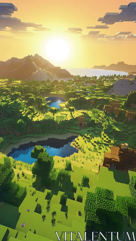 Voxel dawn over emerald valleys and shimmering pixel lakes.