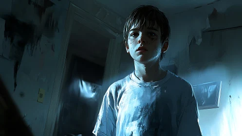 Boy in dim blue room with distressed walls stands alone.