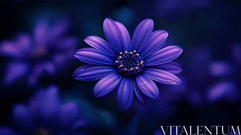 Purple Daisy Bloom with Golden Stamens Against Dark Blue Background.