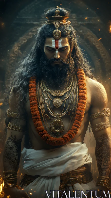 Divine warrior sage stands in ornate garlands and armor