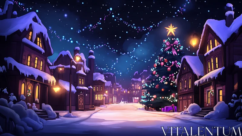 Snow-draped village street circling a glowing Christmas tree.