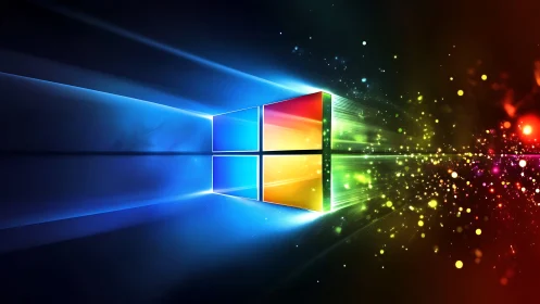 Windows logo with abstract multicolor light streak effects.