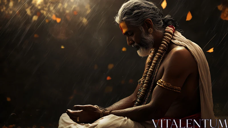 Elderly holy man meditates in rain with prayer beads.