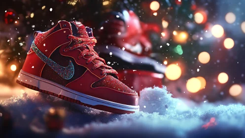 Holiday sparkle sneakers glowing in dreamy snowfall magic.