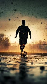 Lone soccer player strides through rainlit muddy field at dusk