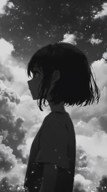 Monochrome anime profile girl beneath luminous starfield.