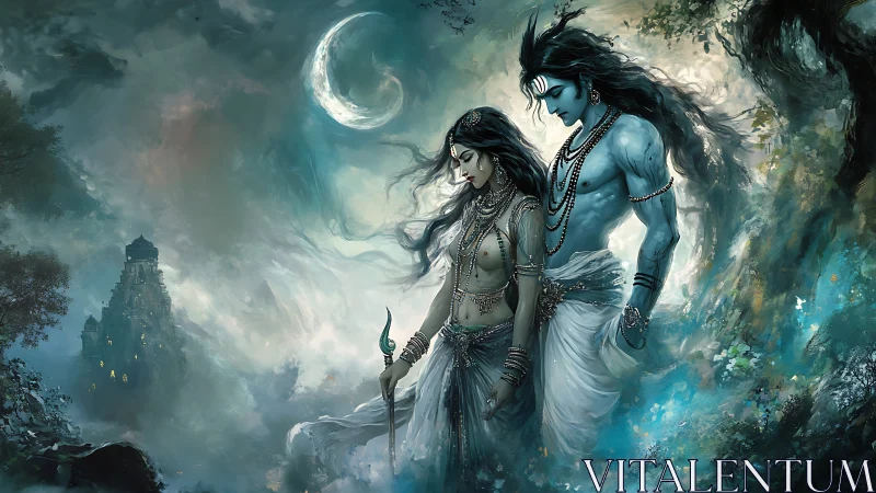 Divine couple in ethereal moonlit forest, digital painting composition.
