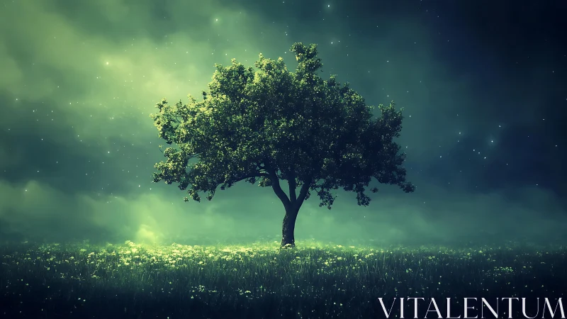 Starlit meadow tree resting gently beneath glowing night.