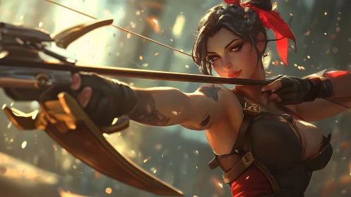 Focused female archer aiming crossbow in glowing battle scene